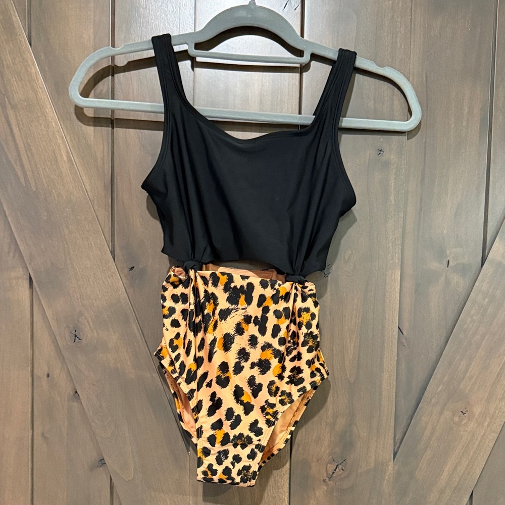 Art Class Girls Black and Leopard Print Swimsuit size 10/12 NWOT